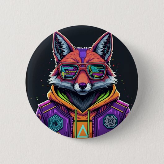 Cyber Fox Button Pin – Neon Streetwear Animal Art (Voorkant)