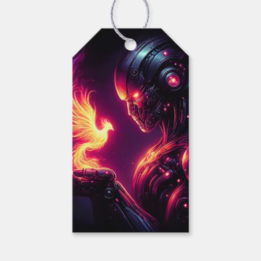Cyber Futuristische Robot Phoenix Vuur Geest Cadeaulabel (Voorkant)