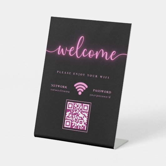 Cyber Glowing Neon Pink Welkom WIFI QR Code Reclamebord Met Voetstuk (Voorkant)