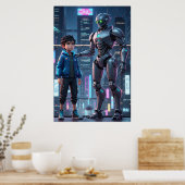 Cyber Guardian | Sci-Fi Robot & Kid Art Poster (Keuken)