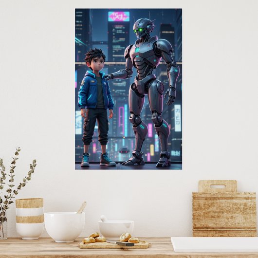 Cyber Guardian | Sci-Fi Robot & Kid Art Poster (Keuken)