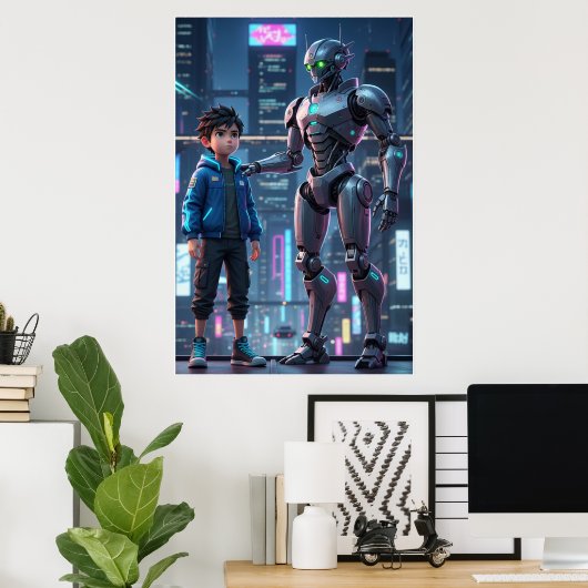 Cyber Guardian | Sci-Fi Robot & Kid Art Poster (Thuiskantoor)