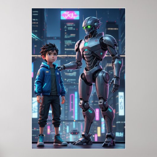 Cyber Guardian | Sci-Fi Robot & Kid Art Poster (Voorkant)