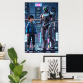 Cyber Guardian | Sci-Fi Robot & Kind Kunst Poster (Thuiskantoor)