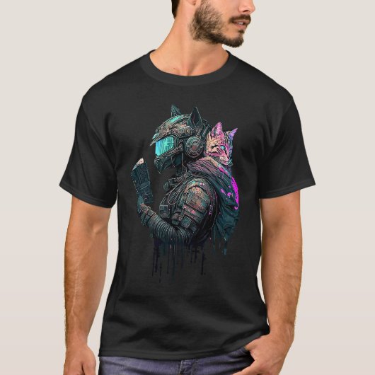 Cyber Kat Beschermer Punk Synthwave Lezen Futuris T-shirt (Voorkant)