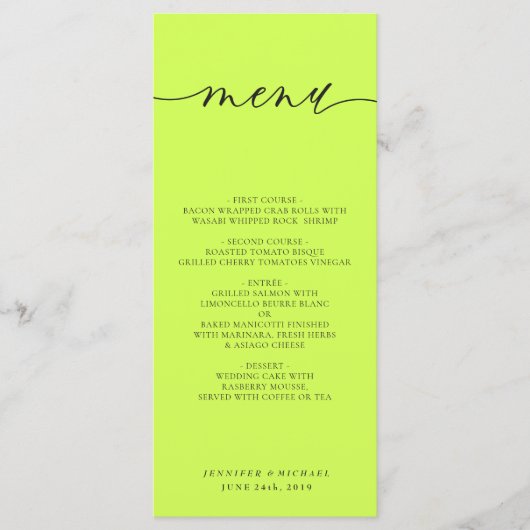 Cyber Lime Jet Black Eenvoudig Script Huwelijksdin Menu (Voorkant)
