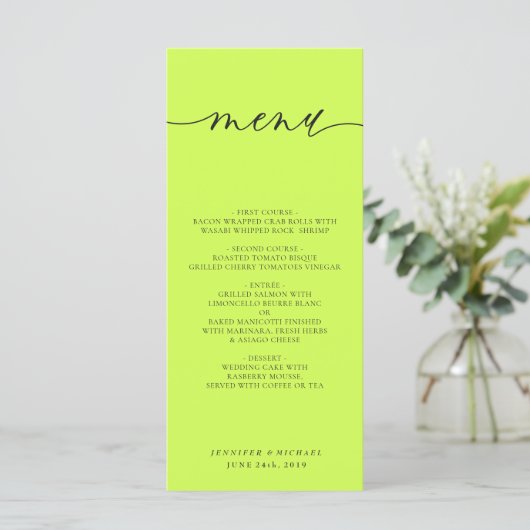 Cyber Lime Jet Black Simple Script Wedding Dinner Menu (Staand voorkant)