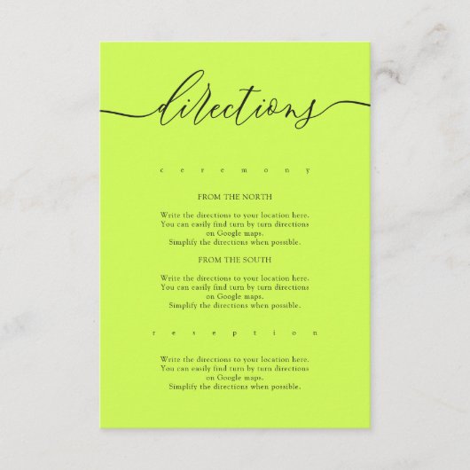 Cyber Lime Jet Black Simple Wedding Directions Informatiekaartje (Voorkant)