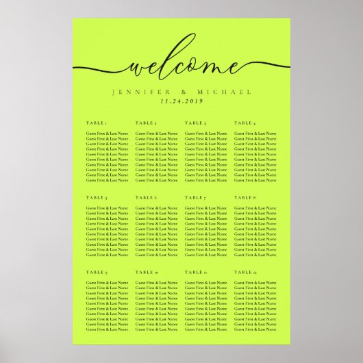 Cyber Lime Jet Black Welcome Wedding Table Seating Poster (Voorkant)