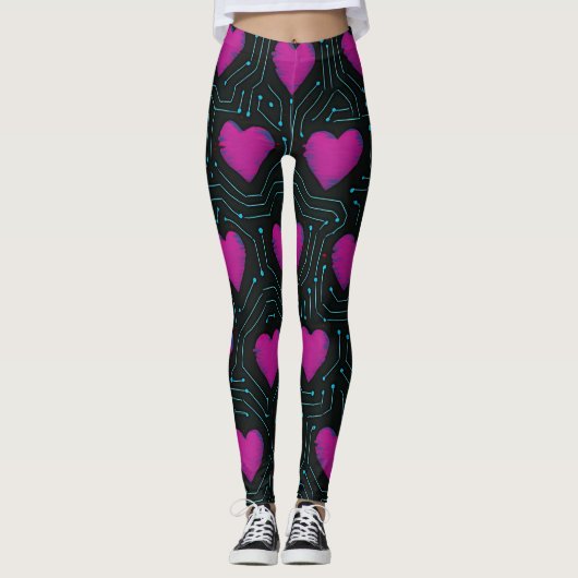 Cyber Love Circuit – Tech Heart Pattern Design Leggings (Voorkant)