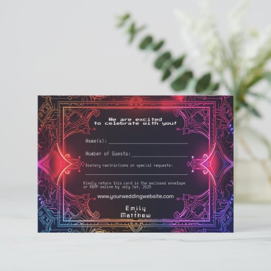 Cyber-Medieval Fusion Wedding RSVP Kaart (Staand voorkant)