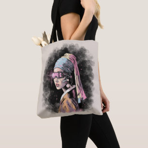 Cyber-meisje met een parel oorbel tote bag