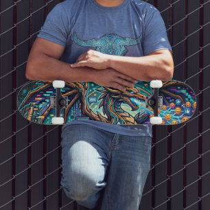 Cyber-Neon Blauwe Draak Glitch Art Muurschildering Persoonlijk Skateboard