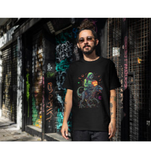 Cyber Neon Skeleton Riding Robo Dino – Halloween T-shirt