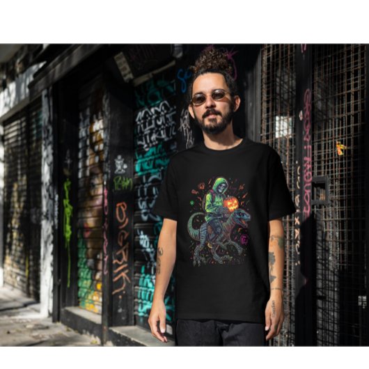 Cyber Neon Skeleton Riding Robo Dino – Halloween T-shirt