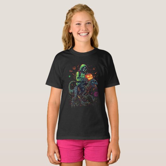 Cyber Neon Skeleton Riding Robo Dino – Halloween T-shirt (Voorkant volledig)