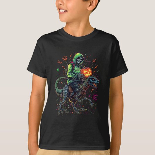 Cyber Neon Skeleton Riding Robo Dino – Halloween T-shirt (Voorkant)