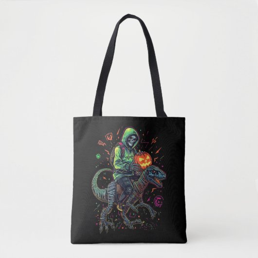 Cyber Neon Skeleton Riding Robo Dino – Halloween Tote Bag (Voorkant)