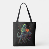 Cyber Neon Skeleton Riding Robo Dino – Halloween Tote Bag (Achterkant)