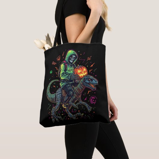 Cyber Neon Skeleton Riding Robo Dino – Halloween Tote Bag (Dichtbij)