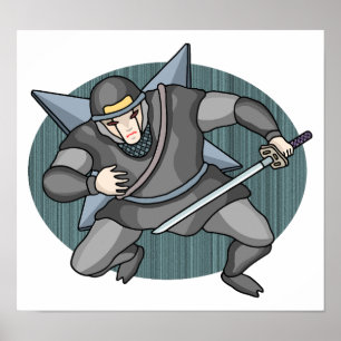 Cyber ninja met shuriken op zijn rug. poster