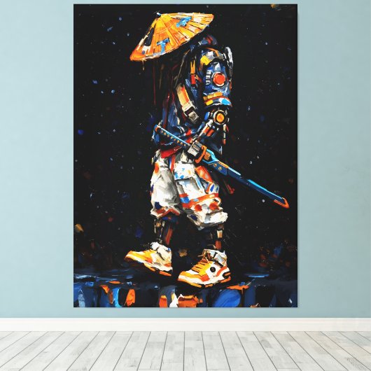 Cyber Ninja Palette Knife Neon Orange Impasto Canvas Afdruk (Insitu (Houten vloer))