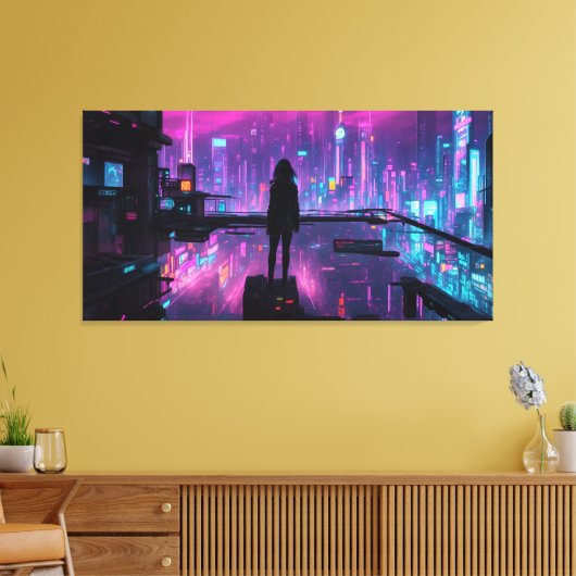 Cyber Noir (Nachtstad van Cyberpunk) Canvas Afdruk (Insitu (Woonkamer))