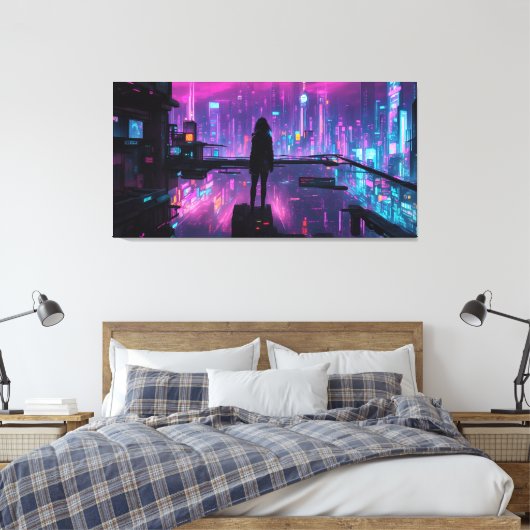Cyber Noir (Nachtstad van Cyberpunk) Canvas Afdruk (Insitu (Slaapkamer))