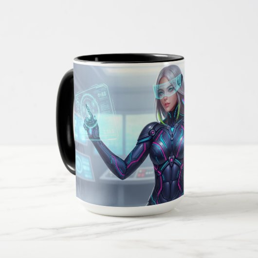 Cyber Oracle Mug – Futuristic Tech Anime Girl Mok (Voorkant links)