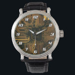 Cyber Orange PCB Circuit Board Trace Pattern Art Horloge<br><div class="desc">Infuse your gear with a high-tech aesthetic featuring this high-definition graphic of a bare Printed Circuit Board (PCB). Designed for those who appreciate the foundational architecture of digital technology, this visual focuses on the minimalist beauty of a deep orange solder mask accented by a complex network of silver conductive traces...</div>