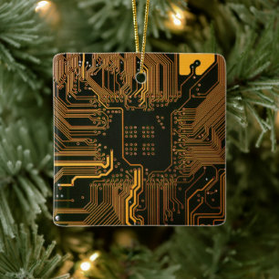 Cyber Orange PCB Printplaat Spoorpatroon Kunst Keramisch Ornament