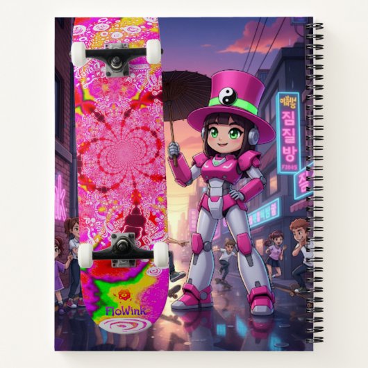 Cyber Pink Robot & Skateboard Notitieboek (Achterkant)