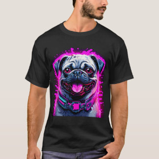 Cyber Pug Levendige Neon Stijl Futuristische Hond T-shirt