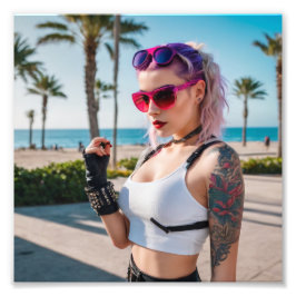Cyber Punk 80s Babe by the Beach Foto Afdruk