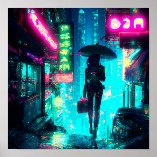 Cyber punk art City night neon borden Poster (Voorkant)