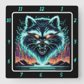 Cyber Raccoon Neon Skyline Vierkante Klok (Voorkant)