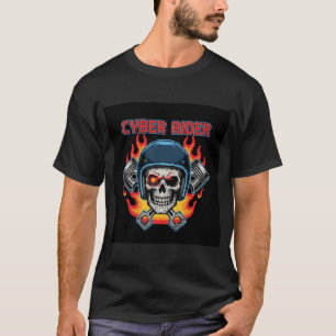 Cyber Rider Pixel Art Schedel Vlammen & Zuigers  T-shirt