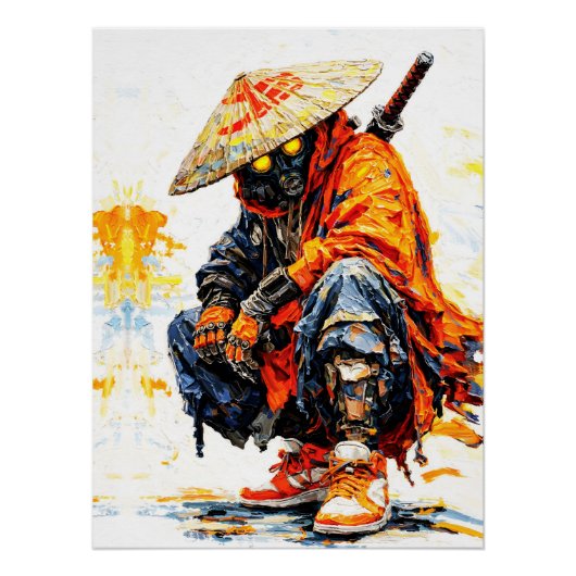 Cyber Samurai Paletmes Neon Oranje Impasto Perfect Poster (Voorkant)