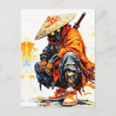 Cyber Samurai Palette Knife Neon Orange Impasto Briefkaart (Voorkant)