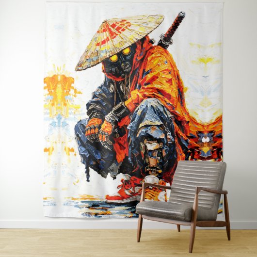 Cyber Samurai Palette Knife Neon Orange Impasto Wandkleed (In situ)