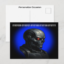 Cyber Schedel Blauwe Gloed Binaire Hello Tech Desi Feestdagenkaart