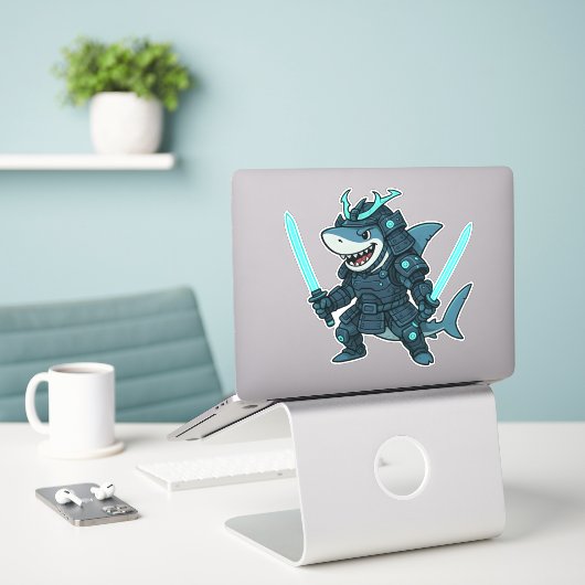 Cyber Shark in Armor with Dual Swords Sticker (Laptop op bureau)