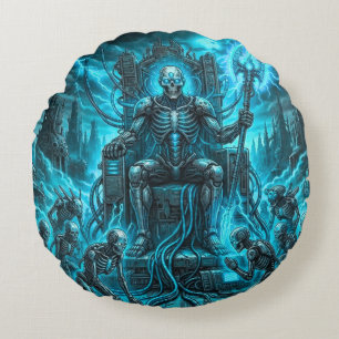 Cyber Skeleton King & Grim Reaper Elektrisch Blauw Rond Kussen