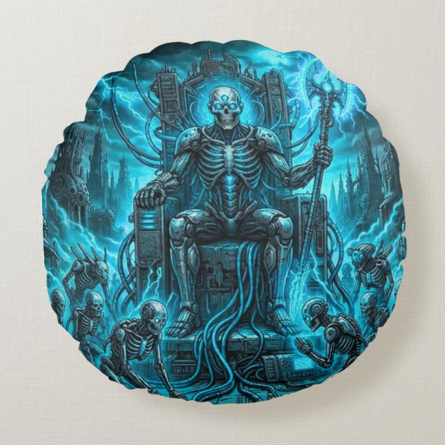 Cyber Skeleton King & Grim Reaper Elektrisch Blauw Rond Kussen (Voorkant)