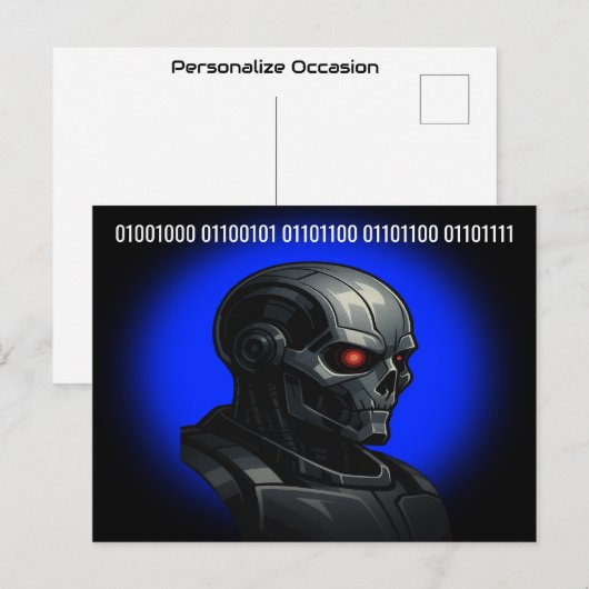 Cyber Skull Blue Glow Binary Hello Tech Design  Feestdagenkaart (Voorkant / Achterkant)