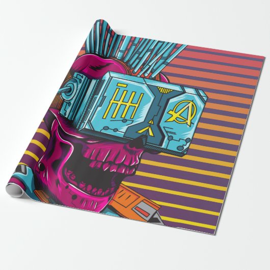 Cyber Skull Virtual Reality Cyberpunk diskette Cadeaupapier (Uitgerold)