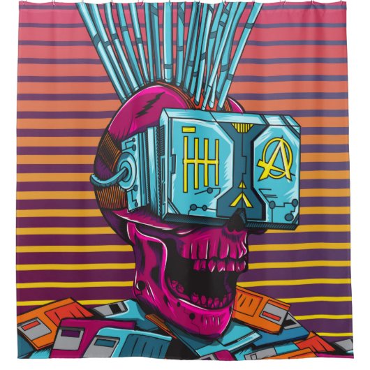 Cyber Skull Virtual Reality Cyberpunk diskette Douchegordijn (Voorkant)