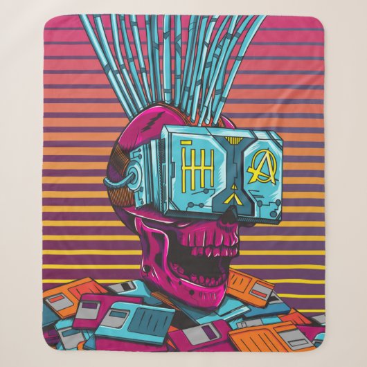 Cyber Skull Virtual Reality Cyberpunk diskette Sherpa Deken (Voorkant)