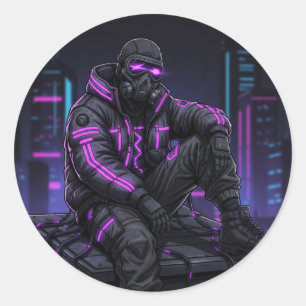 Cyber Street Guardian – Neon Underground Stijl Ronde Sticker