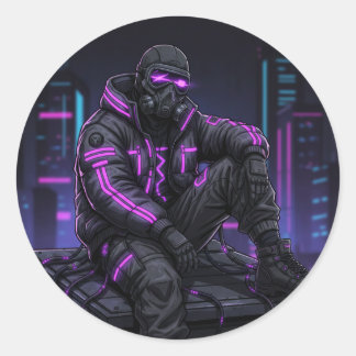 Cyber Street Guardian – Neon Underground Stijl Ronde Sticker